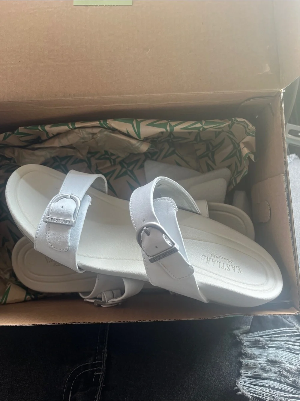 Eastland White Dual-Buckle Slide Sandals with Silver Hardware